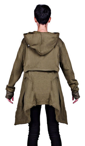 Green hooded zip up coat with hand mitts and back pack pocket