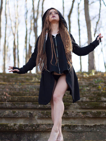 black hooded zip up coat with hand mitts and back pack pocket