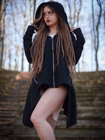 black hooded zip up coat with hand mitts and back pack pocket