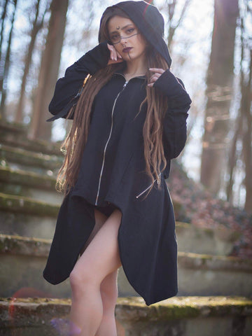 black hooded zip up coat with hand mitts and back pack pocket