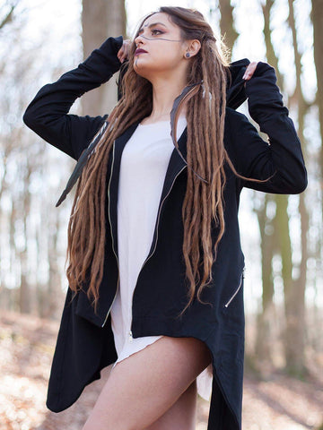 black hooded zip up coat with hand mitts and back pack pocket