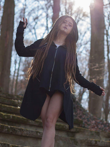 black hooded zip up coat with hand mitts and back pack pocket