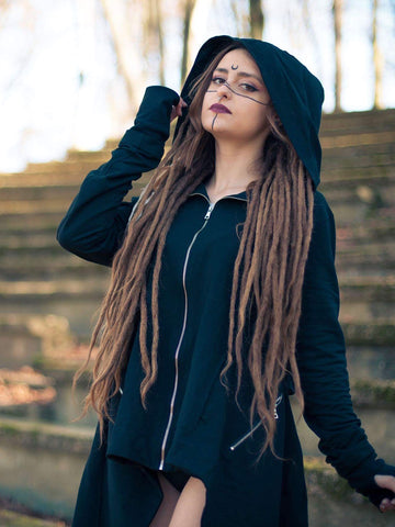 black hooded zip up coat with hand mitts and back pack pocket