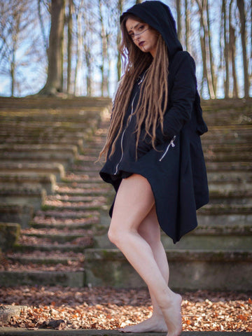 black hooded zip up coat with hand mitts and back pack pocket