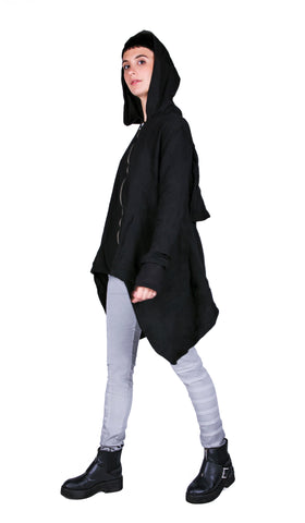 black hooded zip up coat with hand mitts and back pack pocket