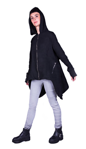 black hooded zip up coat with hand mitts and back pack pocket