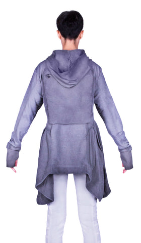 Grey hooded zip up coat with hand mitts and back pack pocket