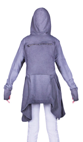 Grey hooded zip up coat with hand mitts and back pack pocket