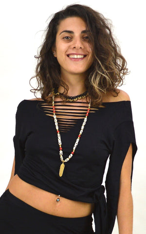 Brass Feather Mala with Stones and Beads